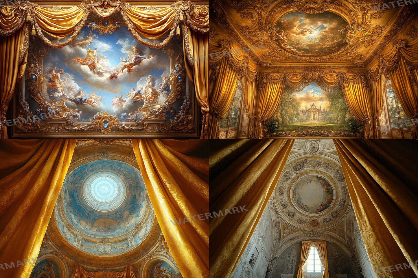 Baroque Regal Fresco Digital Backdrops, Grand Palace Ceiling Photography Backgrounds, Ornate Royal Interior - Baroque Luxury Room