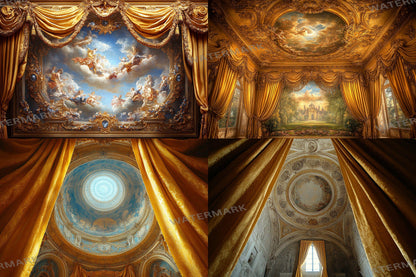 Baroque Regal Fresco Digital Backdrops, Grand Palace Ceiling Photography Backgrounds, Ornate Royal Interior - Baroque Luxury Room
