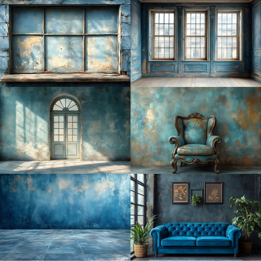 Blue Vintage Room Digital Backdrop, Antique Interior Photography Background for Portrait Photoshoot, Scene Setter, Elegant Home Decor Prop