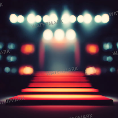 Empty Stage Red Stairs Lights Digital Backdrop, Photography Background, Theater Stage Photo Prop, Square Format, Dramatic Scene, High Resolution Image