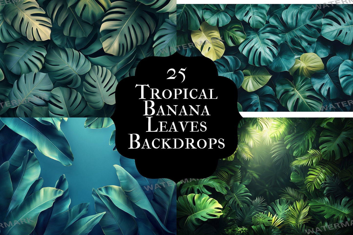 Tropical banana leaves digital backdrops, jungle PNG overlays for photography, botanical background scenes, lush greenery composites