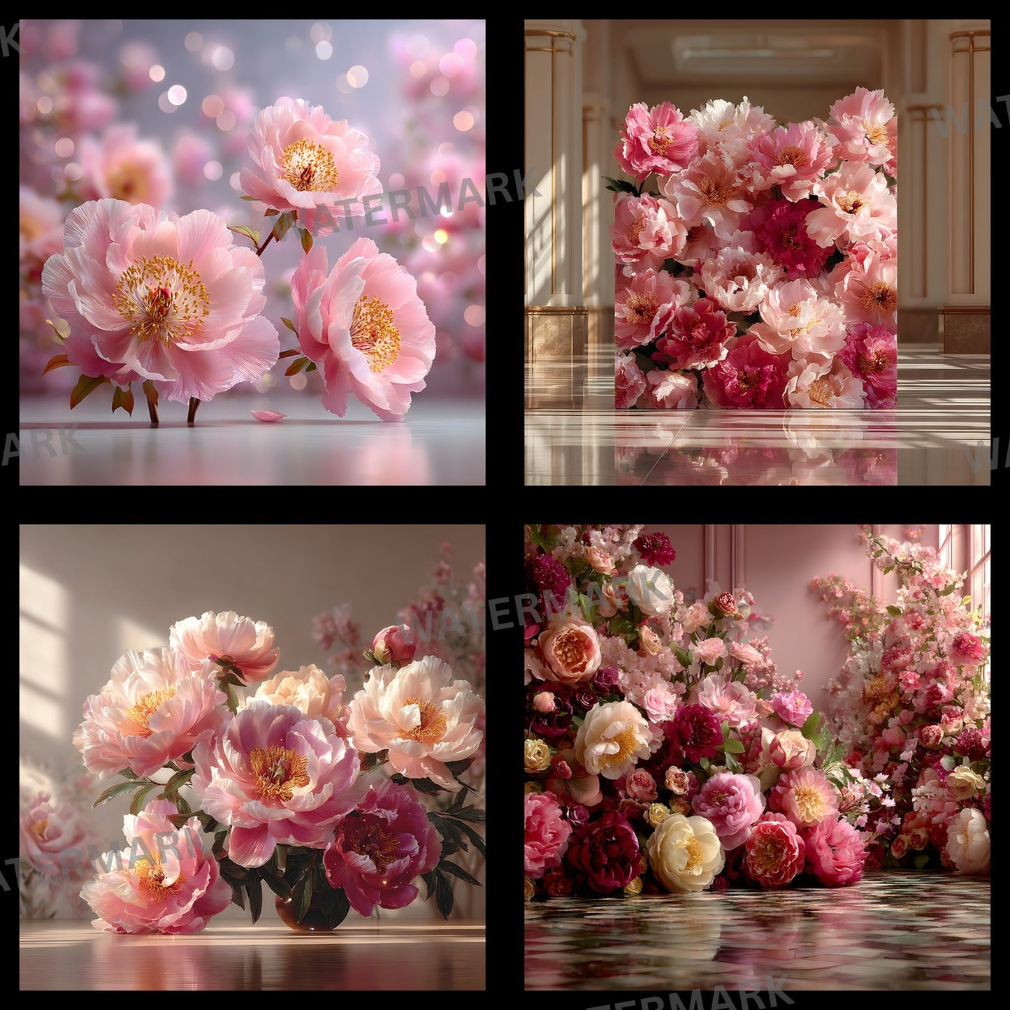 Pink Peony Flower Wall Digital Backdrop, Floral Photography Background for Spring, Square Photo Booth Prop, Wedding, Birthday Party, High Resolution Images