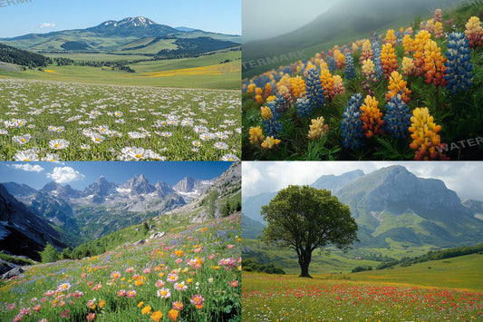 Mountain Valley Backdrops, Scenic Alpine Landscapes, Blooming Wildflower Fields, Rolling Hills, Majestic Nature Backgrounds
