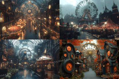 Steampunk Carnival Backdrops | Vintage Circus | Mechanical Fairground | Retro Fantasy | Digital Backgrounds
