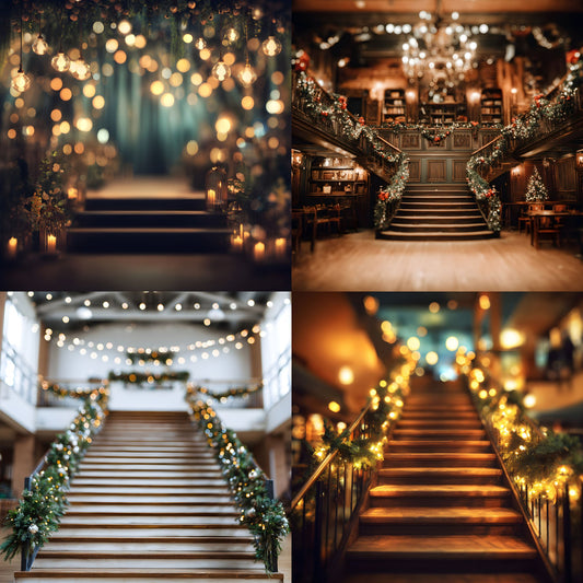 Stage Stairs Lights Garland Digital Backdrop, Photography Background for Performers, Virtual Photo Booth, Concert Photography Prop