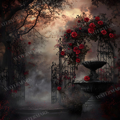 Gothic Rose Floral Digital Backdrop - Photography, Crafts, Storytelling - Gothic Background - Red Gothic Roses in Abandoned Gothic Courtyard