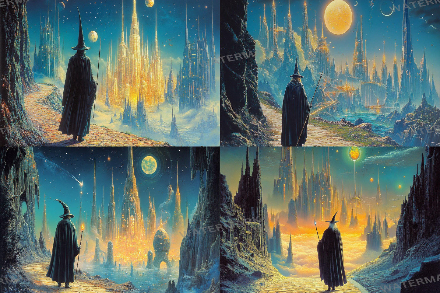 Wizard Walk digital backdrop, 16:9 ratio. Magical forest path with glowing lights and ancient ruins, perfect for streaming or TV wallpaper