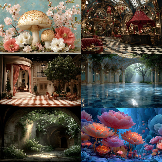 Alice in Wonderland Backdrop Bundle, Whimsical Digital Backgrounds for Photography, Storybook Theme, Fantasy Photo Booth, High-Res Images, Landscape