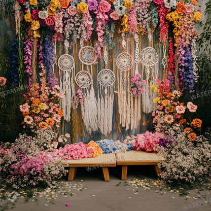 Bohemian Wedding Backdrop with Dreamcatchers | Floral & Macrame Wedding Decor | Boho Chic Ceremony, Reception Backdrops, Maternity Backdrops