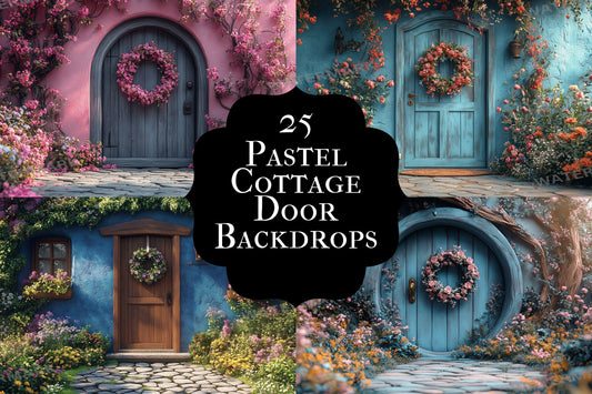 Pastel Cottage Door Backdrops, Fairy Tale Digital Backgrounds, Whimsical House Photography Props, Floral Entrance Composites