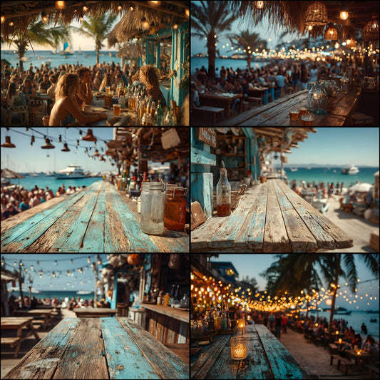 Beach Bar Photography Backdrops - 16 JPGs | Tropical Island Digital Backgrounds, Sunset Party Photo Overlays, Summer Vibe Studio Props