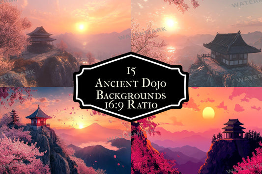 Ancient Dojo digital backdrop, 16:9 ratio. Serene training ground with traditional architecture, perfect for streaming backgrounds