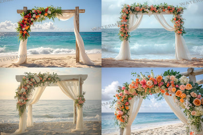Beachfront Bliss Backdrops, Digital Tropical Wedding Background, Seaside Ocean Photo Booth Prop, Summer Coastal Photography Scene Assets