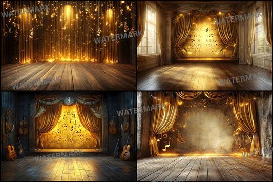 Golden Vintage Music Stage Backdrop Collection, Images Photography Background, Digital Download, Concert Stage, Music Lover Gift