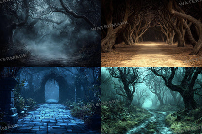 Spooky Forest Backdrops, Haunted Forest Backgrounds, Halloween Digital Scenes for Photoshop, Eerie Photography Overlays