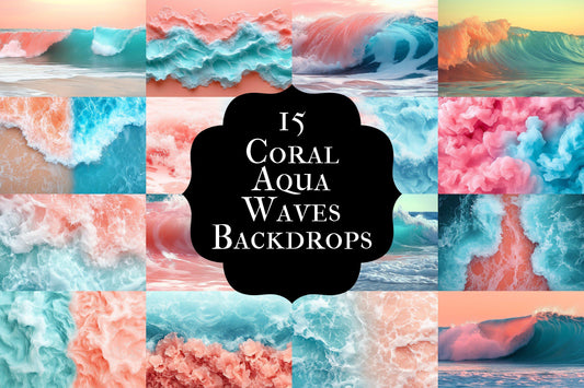 Coral Aqua Ocean Wave Backgrounds ��������� Coastal-Themed Photoshop Backdrops for Beach Photography, Editing & Water-Inspired Overlays