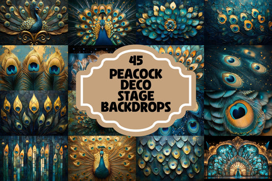 Peacock Deco Stage Backdrops | Elegant Art Deco Peacock Digital Backgrounds | Luxurious Gold & Teal Stage Design | Instant Download