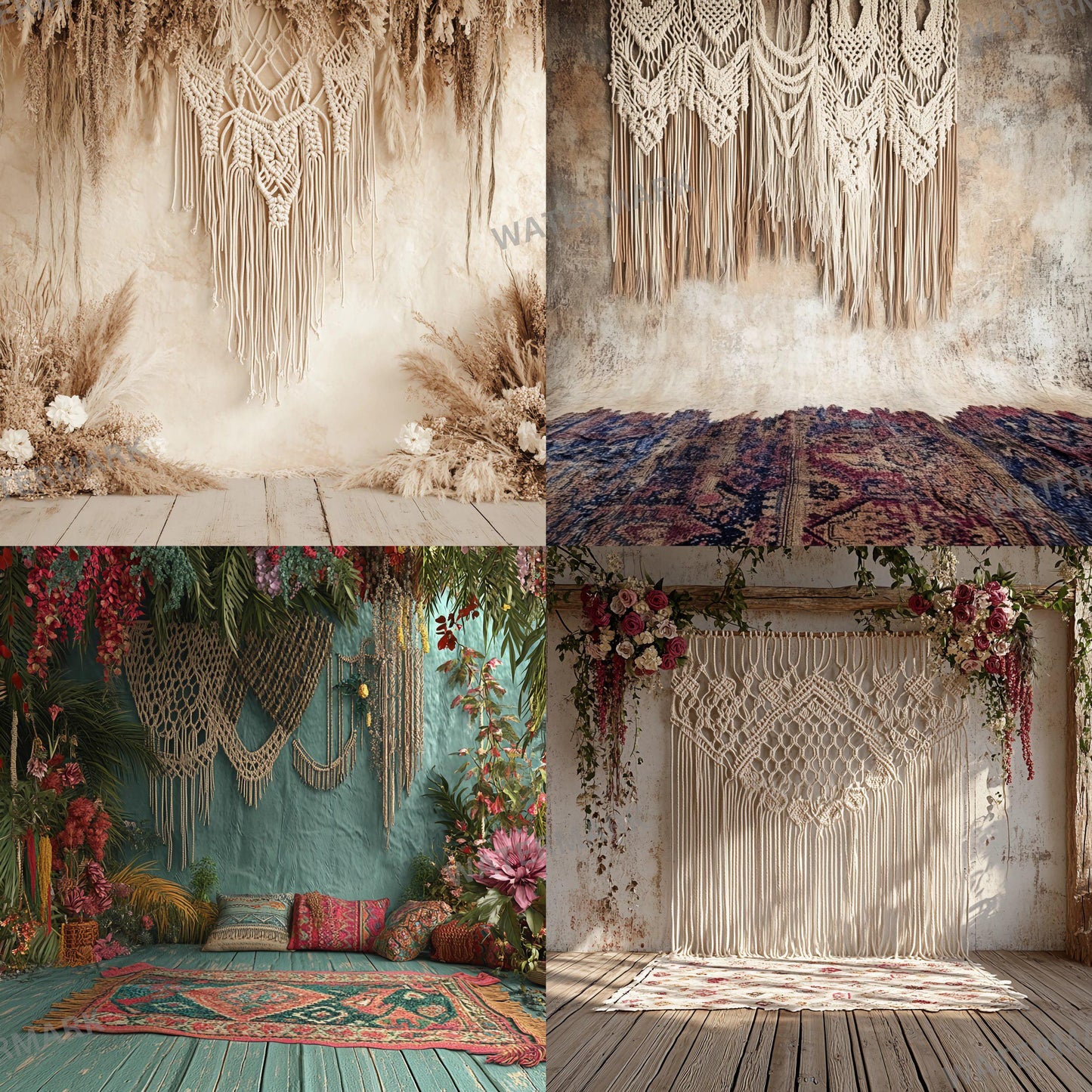Boho Chic Backdrops | Macrame & Floral Rustic Digital Backgrounds | Boho Photography - Boho Scene, Photoshop, Indoor Photography Backdrop