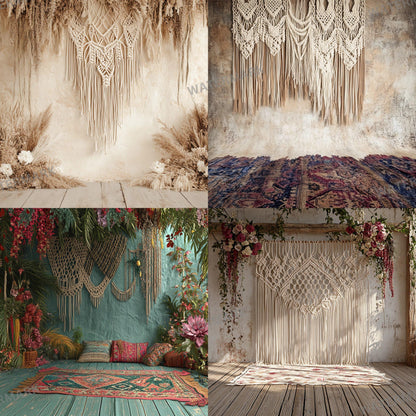 Boho Chic Backdrops | Macrame & Floral Rustic Digital Backgrounds | Boho Photography - Boho Scene, Photoshop, Indoor Photography Backdrop