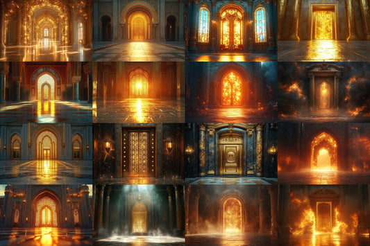 Golden Ornate Door Backdrop: 2PNGs for Fantasy Photo Editing, Magical Archway Portal Scenes, Vintage Palace Door Digital Backdrops.