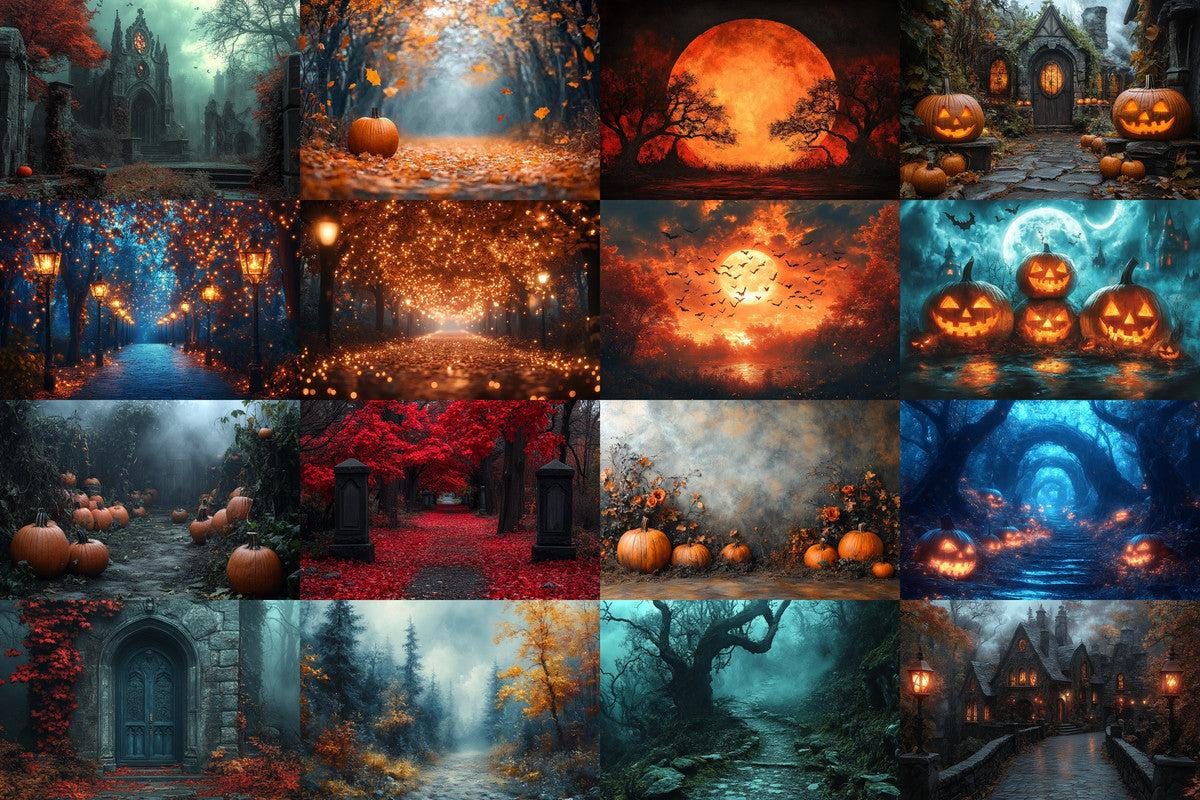 Halloween Forest Scene Photography Backdrops - 4High-Resolution PNG Backgrounds for Photoshop - Master Overlay for Creative Photo Editing