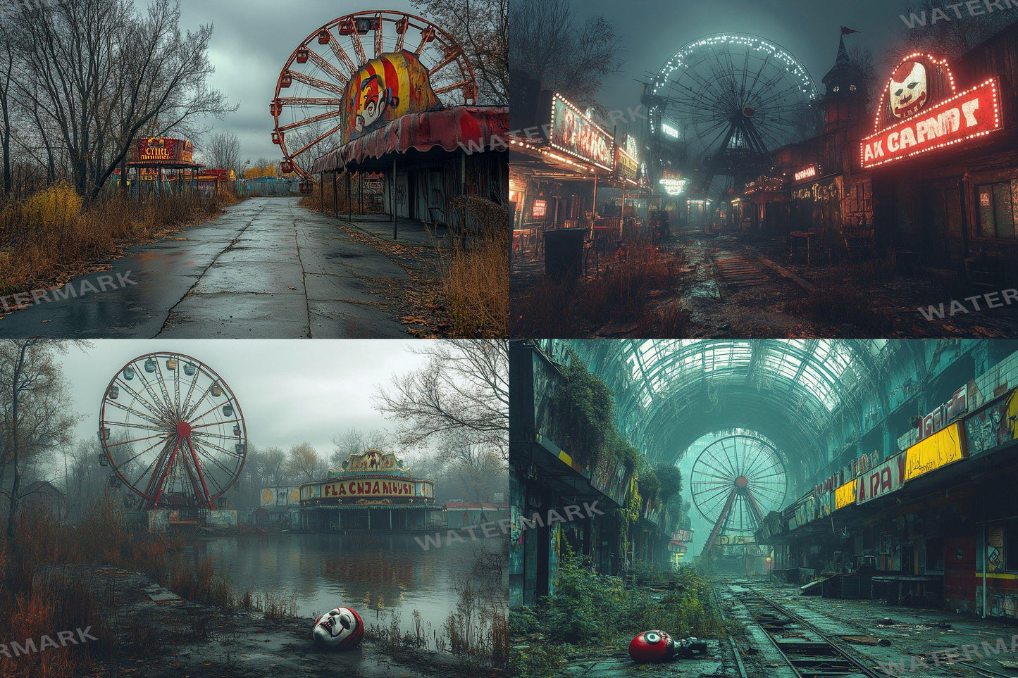 Eerie Abandoned Carnival Backdrop: 4PNGs for Unique Commercial Photography, Spooky Themed, Dark Artistic Digital Backdrops