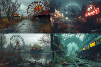 Eerie Abandoned Carnival Backdrop: 4PNGs for Unique Commercial Photography, Spooky Themed, Dark Artistic Digital Backdrops