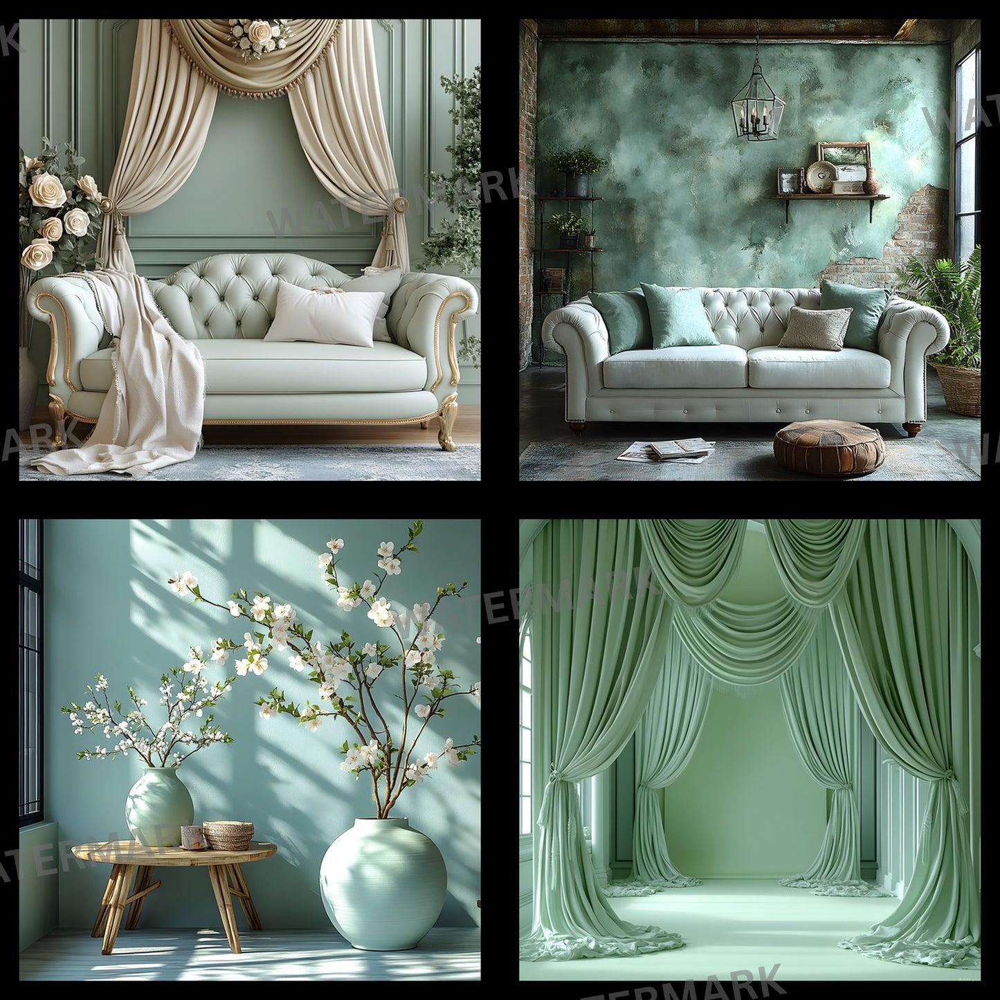 Pastel Green Photography Backdrop, Serene Square Digital Background for Portrait, Newborn, and Product Photography, Soft Hues, Dreamy Photo Booth Prop