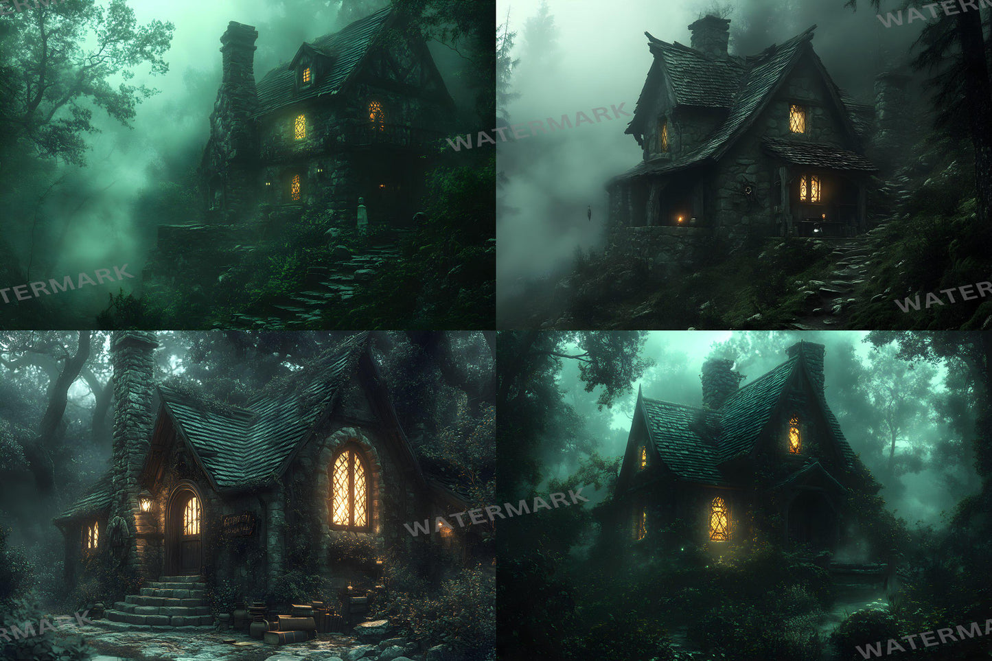 Witch Cottage Retreat Backdrops, Enchanted Forest Hideaways, Cozy Magical Cabins, Mystical Woodland Scenes, Digital Fantasy Backgrounds