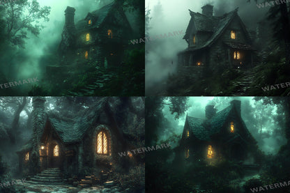 Witch Cottage Retreat Backdrops, Enchanted Forest Hideaways, Cozy Magical Cabins, Mystical Woodland Scenes, Digital Fantasy Backgrounds