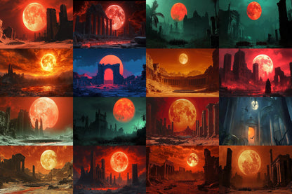 Blood Orange Moon streaming background, 16:9 ratio. Dark sky with a fiery orange moon, perfect for TV wallpaper or digital backdrops