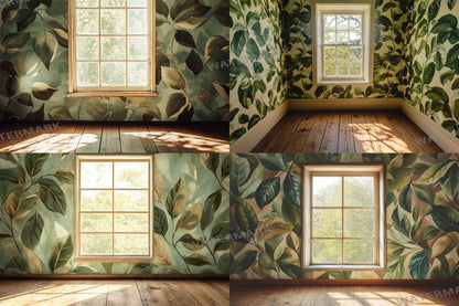 Botanical Window View Backdrops, Digital Forest Room Photography Props, Nature Interior Digital Backgrounds, Vintage Woodland Wallpapers