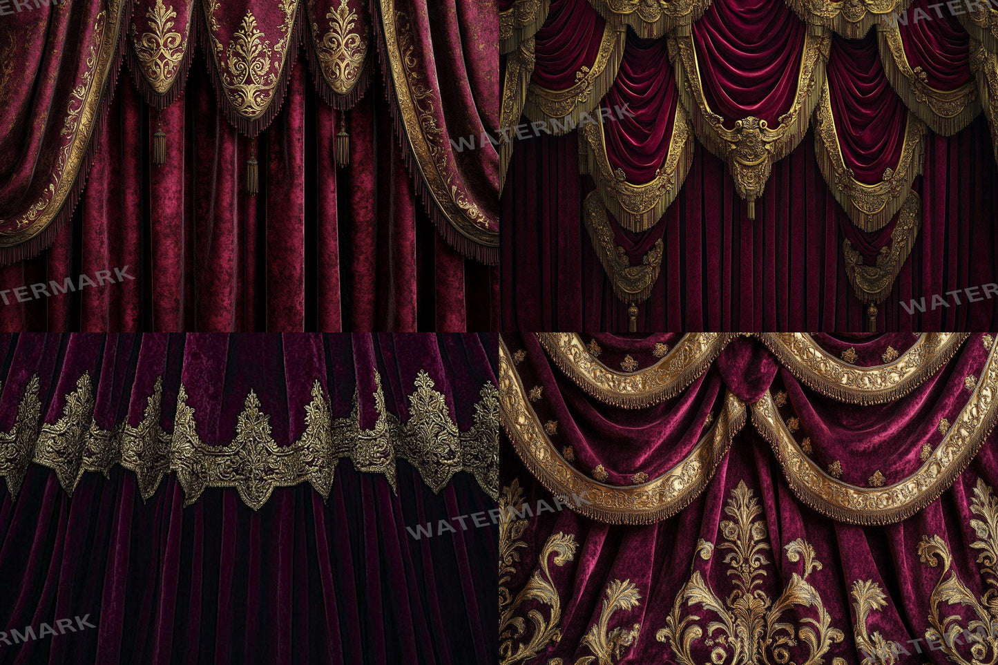 Opulent Gold Drapes Backdrops, Royal Velvet Curtains Digital Backgrounds, Luxury Red Gold Photography Props, Baroque Theatre Stage