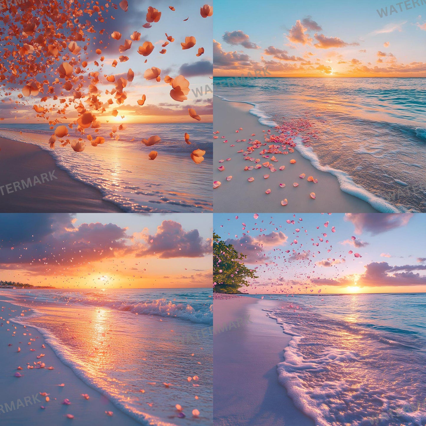 Sunset Oasis Backdrops, Dreamy Beach Photography Backgrounds, Pink Petal Shoreline Scenes, Sunset Beach Wedding and Maternity Backdrops