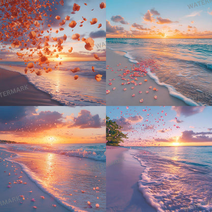 Sunset Oasis Backdrops, Dreamy Beach Photography Backgrounds, Pink Petal Shoreline Scenes, Sunset Beach Wedding and Maternity Backdrops