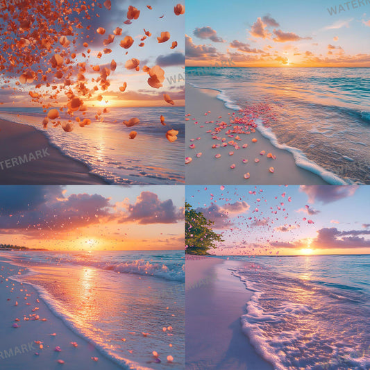 Sunset Oasis Backdrops, Dreamy Beach Photography Backgrounds, Pink Petal Shoreline Scenes, Sunset Beach Wedding and Maternity Backdrops