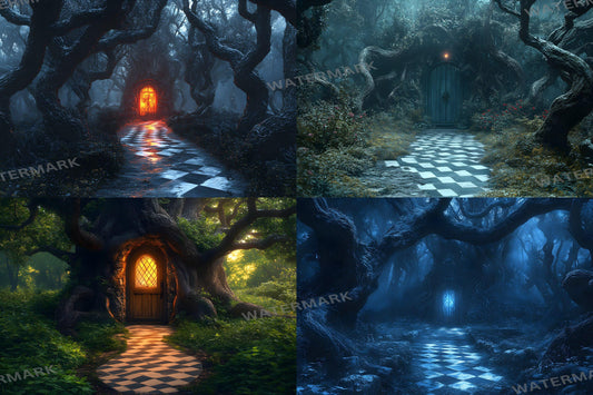 Alice in Wonderland Backdrops -  Checkered Garden Path Backdrops,  Outdoor Fantasy Green Walkway Photo Booth Prop, Fantasy Magical Scene