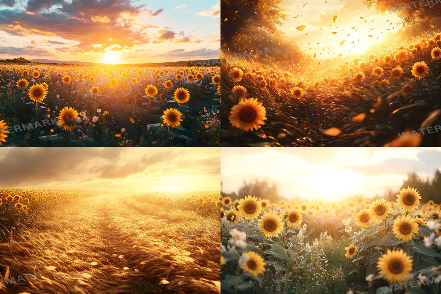 Sunset Sunflowers Backdrops - Golden Hour Field Digital Backgrounds, Rustic Floral Photography Backdrop, Summer Aesthetic