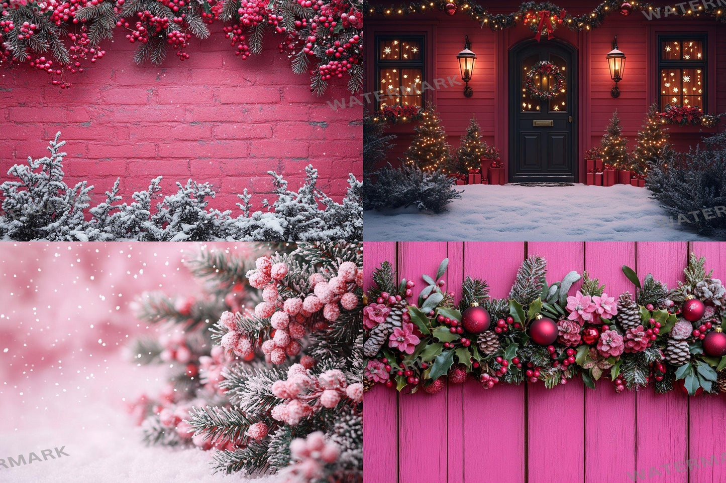 Fuchsia Outdoor Christmas Backdrops | Digital Winter Wonderland Scenes | Holiday Photography Backgrounds - Pink Christmas Backgrounds