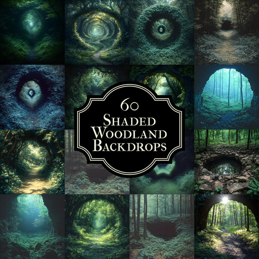 Shaded Woodland Photography Backdrops - Enchanted Forest Scenes, Dark Green Foliage, Mysterious Paths, and Hidden Woodland Caves