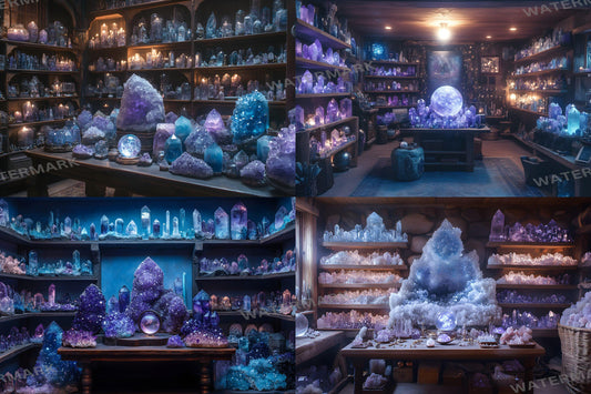 Witch's Crystal Den Digital Backdrops - Magical Fantasy Backgrounds - Glowing Crystals for Witch & Wizard Apothecary and Halloween Backdrops
