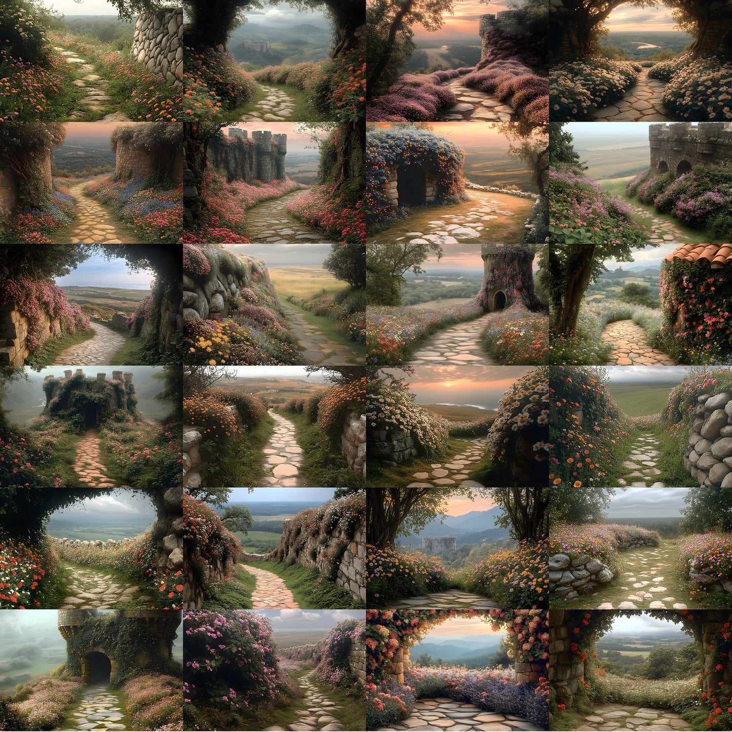 Wildflower Castle Backdrop, Wall View Digital Backgrounds, Fantasy Photography, Images, Enchanted Scene, Dreamy Photo Overlays