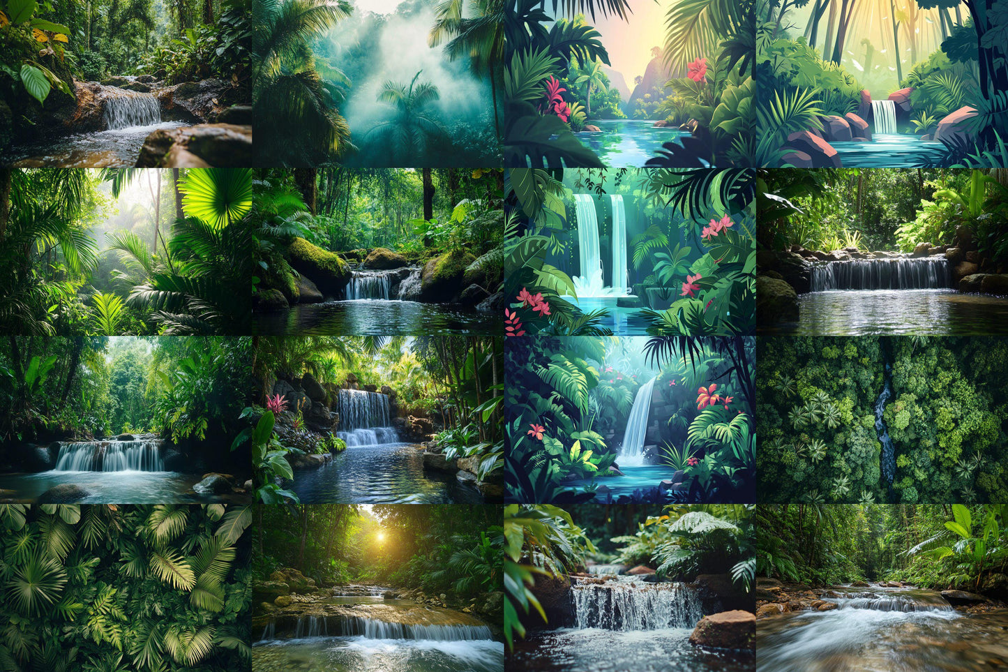 Tropical Forest streaming background, 16:9 ratio. Lush nature scenery with vibrant greenery and waterfalls, photography backdrop.
