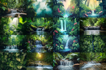 Tropical Forest streaming background, 16:9 ratio. Lush nature scenery with vibrant greenery and waterfalls, photography backdrop.
