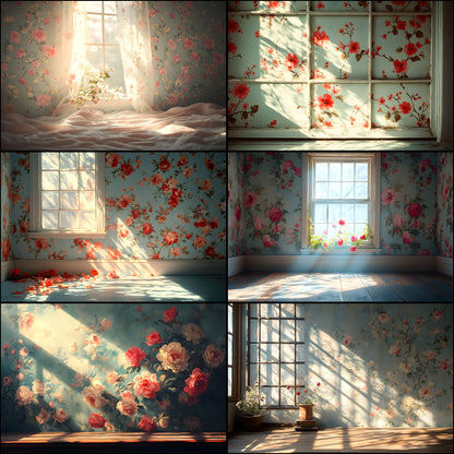 Floral Vintage Wallpaper Digital Backdrop, Shabby Chic Photography Background, Antique Flower Portrait Photo Booth, Images