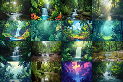 Tropical Forest streaming background, 16:9 ratio. Lush nature scenery with vibrant greenery and waterfalls, photography backdrop.