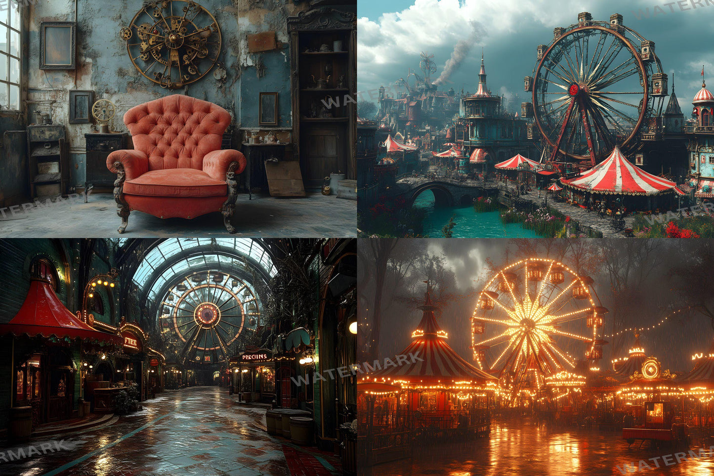 Steampunk Carnival Backdrops | Vintage Circus | Mechanical Fairground | Retro Fantasy | Digital Backgrounds