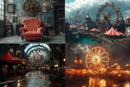Steampunk Carnival Backdrops | Vintage Circus | Mechanical Fairground | Retro Fantasy | Digital Backgrounds