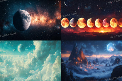 Celestial Moons streaming background, 16:9 ratio. Dreamy moons, starry sky, glowing landscape, digital backdrop. Photography Background