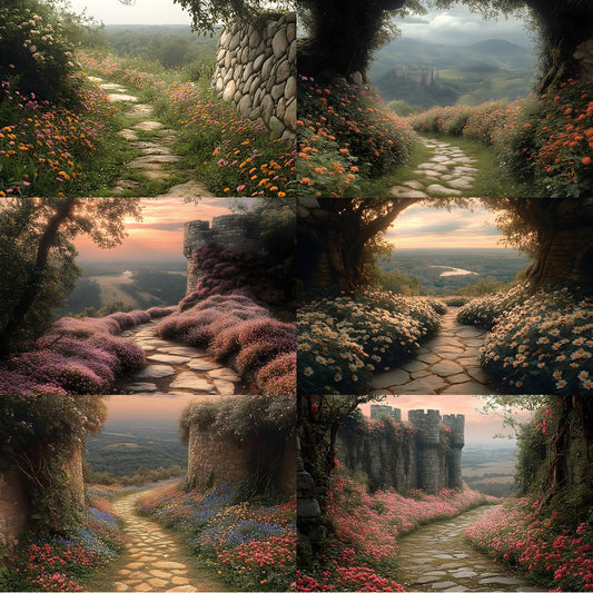 Wildflower Castle Backdrop, Wall View Digital Backgrounds, Fantasy Photography, Images, Enchanted Scene, Dreamy Photo Overlays